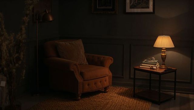 Moody brown tufted armchair in warm reading nook with lamp and stacked books
