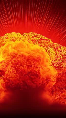Vertical blast video igniting core and expanding mushroom cloud with red-orange glow