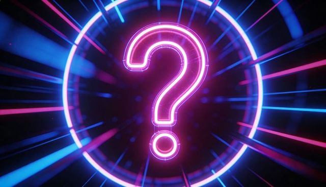 Neon Question Mark with Radial Ring and Cyberpunk Light Beams for Tech Concepts