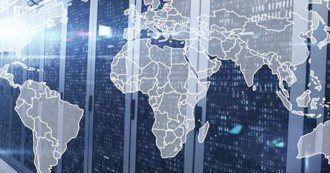 Advanced Data Center with World Map Tech Overlay