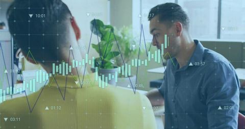Young professionals analyzing stock charts with transparent candlestick overlay in modern office