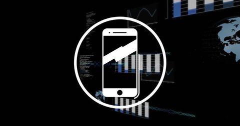 Mobile analytics icon floating over digital tech dashboard showing charts, code and globe