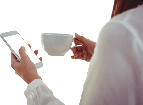 transparent back view of woman holding smartphone and coffee cup - Download Free Stock Videos Pikwizard.com