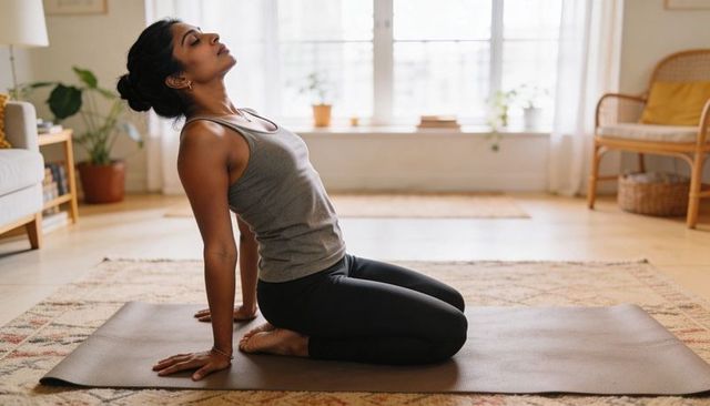 South asian woman practicing gentle seated backbend on yoga mat in sunlit home living room