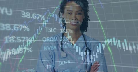 Black nurse in scrubs with stethoscope crossing arms with financial market chart overlay