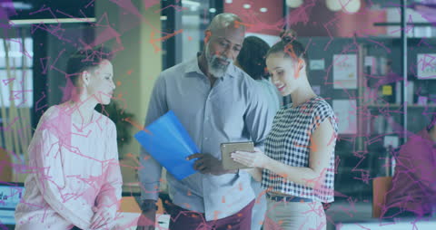 Diverse Team Collaborating with Digital Overlay in Modern Office