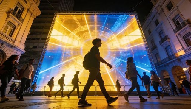 Urban Night Crowd Walking Past Giant Radial LED Light Tunnel Display Backlit Silhouettes