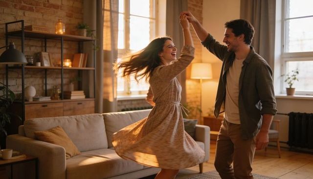 Romantic couple dancing in sunlit cozy living room at golden hour