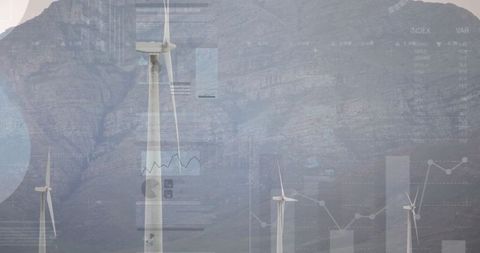 Wind turbine with data overlay on mountain, sustainable energy