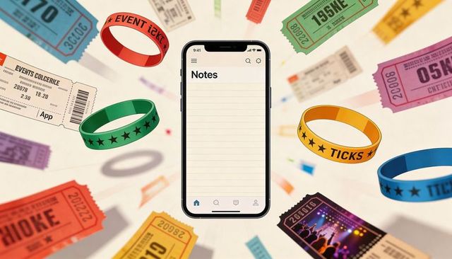 Smartphone notes app surrounded by colorful event tickets and wristbands for event planning