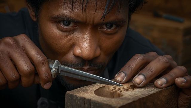 Carving indian woodworker guiding chisel on hardwood block, intense closeup craftsmanship