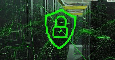 Holographic Cybersecurity Shield Protecting Data Center Server Racks with Neon Grid