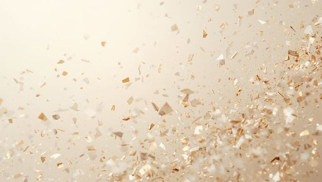 Golden confetti drifting on beige gradient with pearlescent shards and glittery flakes