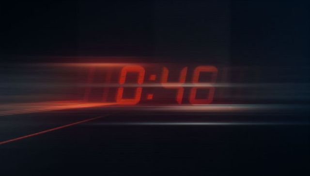 Futuristic glitchy red digital countdown timer interface