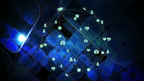 Digital Network Globe with Technology Icons on Blue Background