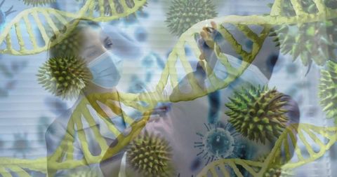 Clinicians reviewing genomic virus scans with dna strands overlay, teamwork in virology