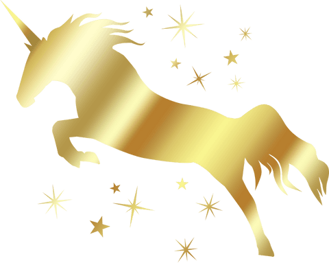 Golden unicorn silhouette with stars on transparent background