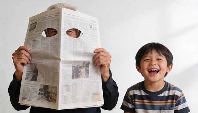 Senior peeking through newspaper mask while grandson laughing together in playful family moment
