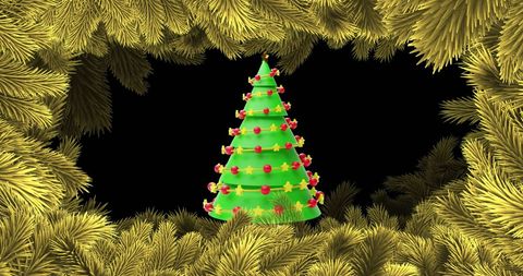 Festive Animated Christmas Tree Surrounded by Golden Fir Branches