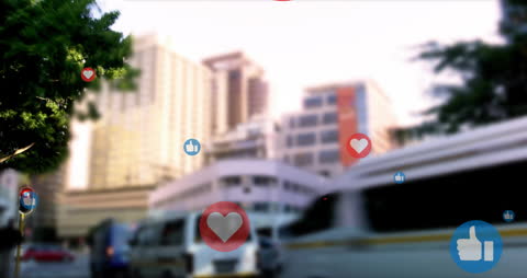 Floating Social Media Icons over Dynamic Cityscape