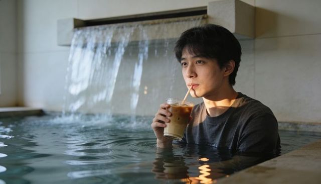Sunlit man sipping iced coffee in spa pool near waterfall, contemplative tranquil reflections