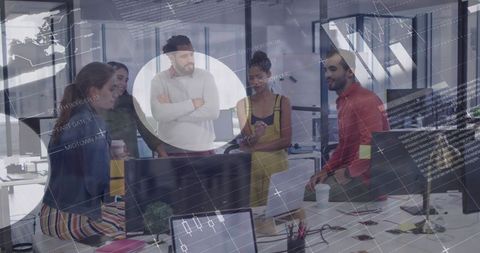 Team Analyzing Modern Financial Data Concepts in Warehouse Office