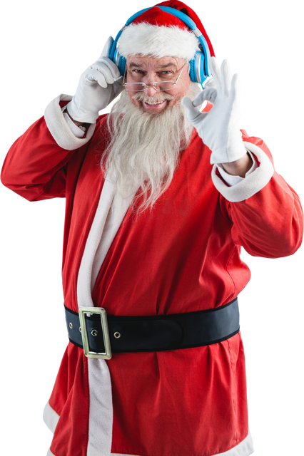 Festive Santa Claus Listening to Music with Headphones and Showing OK Sign on Transparent - Download Free Stock Videos Pikwizard.com