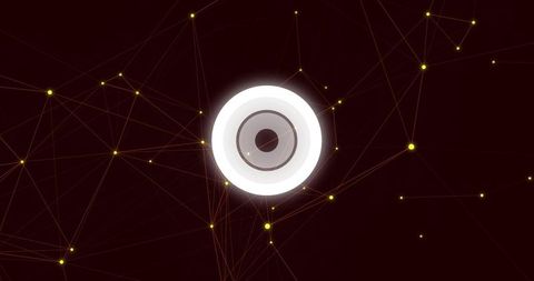 Glowing concentric target pulsing in maroon network with yellow nodes and thin lines