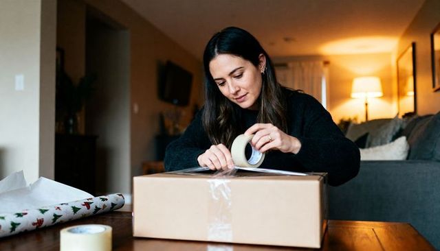 Woman sealing holiday gift parcel with packing tape at cozy living room table