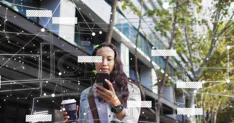 Urban commuter holding coffee checking smartphone with AR data overlay and smartwatch