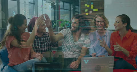 Diverse Coworkers Collaborate with Futuristic Database Technology