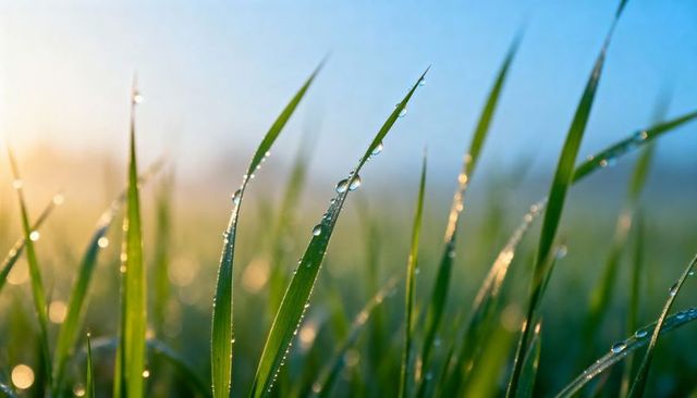 Dew-kissed grass blades catching golden dawn light macro bokeh tranquil morning scene