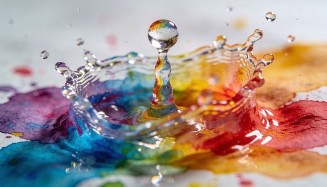 Macro droplet forming vibrant crown splash over watercolor pigments, closeup abstract art
