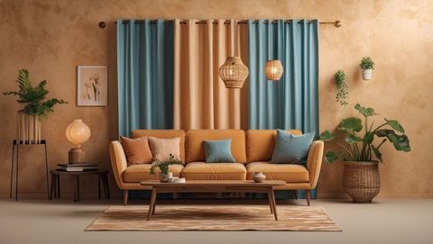 Cozy mid-century living room with mustard yellow sofa