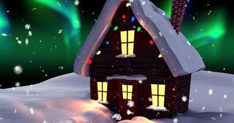 Cozy Cabin Under Northern Lights with Snowfall