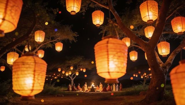 Lantern-lit night ceremony around bonfire in wooded clearing with robed community circle