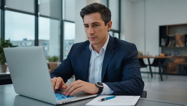 Businessman Typing on Laptop at Contemporary Office Desk