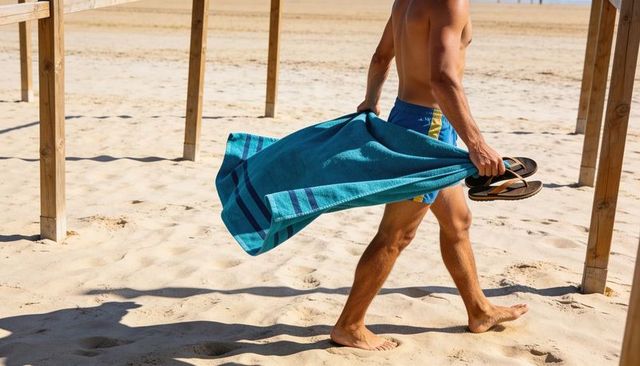 Shirtless man walking on sunny beach holding towel and flip-flops, carefree summer lifestyle