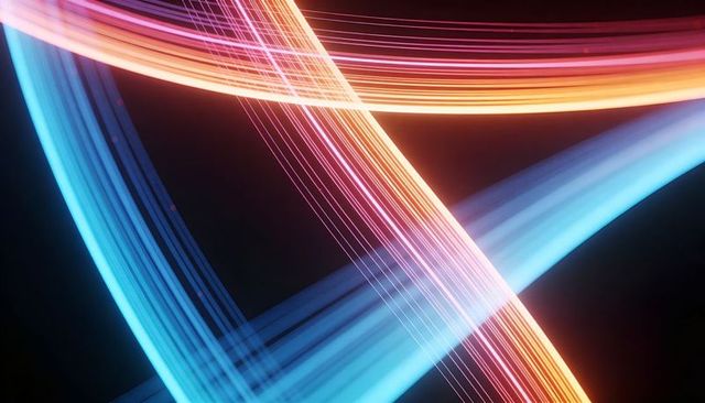 Crossing neon light ribbons forming x shape, intersecting cyan orange magenta streaks