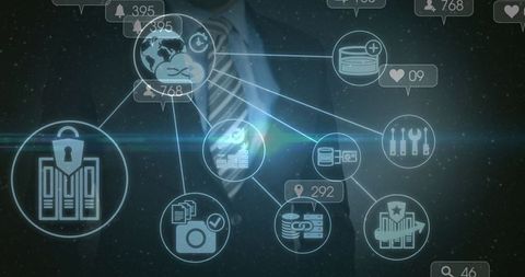 Businessman Interacting with Digital Interface of Social Media Icons