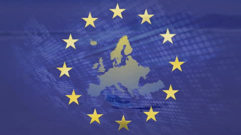 European Union Flag Animation over Pandemic Scene on Beach