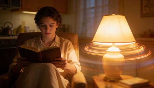 Young man reading hardcover novel in armchair under warm lamp glow, cozy evening interior