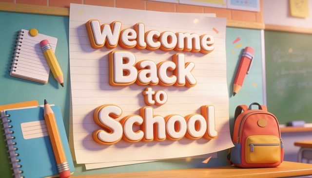 Colorful classroom welcome back to school 3d lettering with backpack, notebooks, pencils