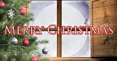 Merry Christmas Text with Festive Tree and Santa Sleigh