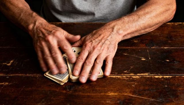 Senior hands shuffling playing cards on worn wooden table for poker and dexterity