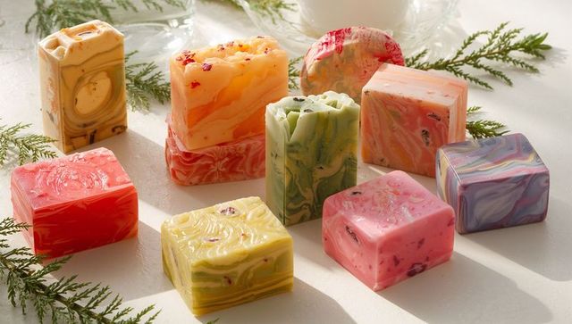 Artisanal marbled soap bars with botanical petals and pastel swirls for natural skincare