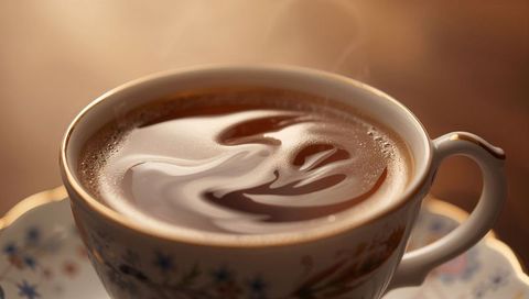 Steaming porcelain cup showing milk swirl on floral saucer with gold rim, cozy morning