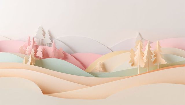 Pastel paper-cut landscape featuring layered hills and conifer trees minimal diorama