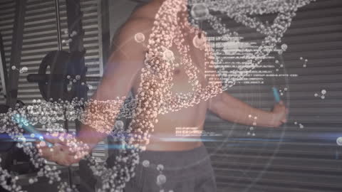 Digital DNA Strands Overlaying Bodybuilding Exercise