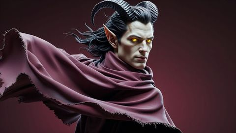 Dark horned lucifer with glowing eyes and cloak in red scene